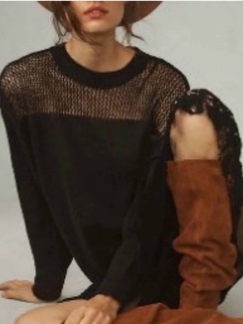 Anthropologie Black Mesh-Yoke Crewneck Sweater